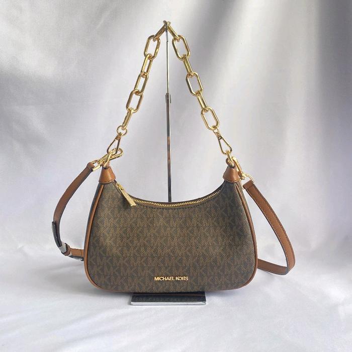 tas wanita mk cora medium zip pouchette brown vj