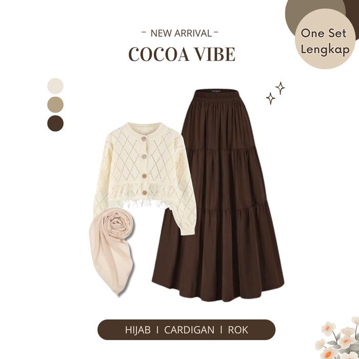 Cocoa Vibe One Set 3in1 Hijab Style Atasan Card an Rajut Rok Susun Coklat Jilbab Segiempat Bella Sq 