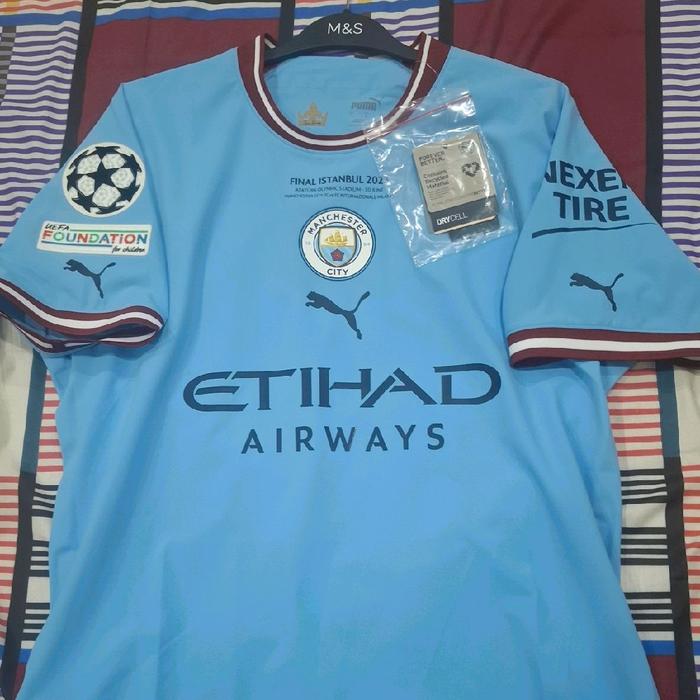 JERSEY FINAL UCL MAN CITY BNWT ORIGINAL 2022/2023 ULTRAWEAVE SIZE L NAMESET DE BRUYNE 17