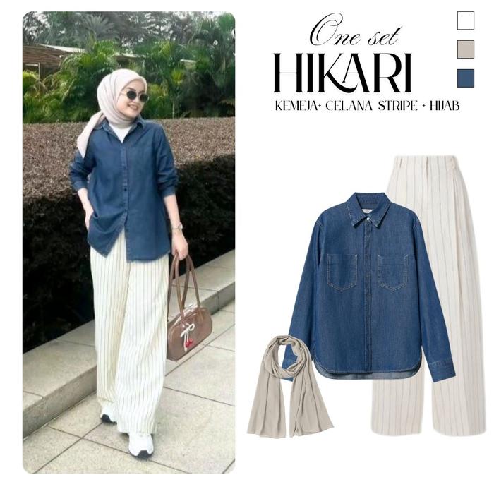 Hikari One Set Wanita Premium Atasan Kemeja Kerah Soft Denim Jeans Oversize+ Celana Kulot  Loose Pan