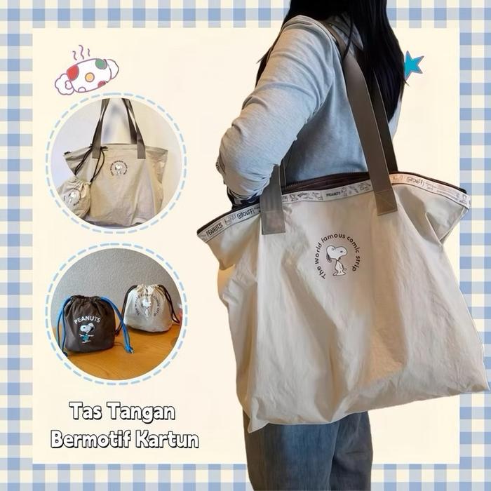 Tas Totebag Wanita Minimalis Terbaru/Tas Kanvas Lipat Yang Nyaman/Lucu Snoopy Tas Perjalanan Lipat D