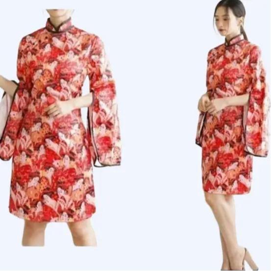9709 Dress Cheongsam Wanita Modern Dewasa Satin Premium Import 9709 Bahan Acetate Panjang 88cm Size 