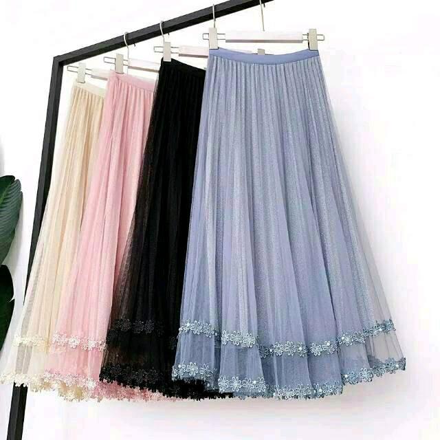 ROK TUTU RENDA MUTIARA PANJANG WANITA DEWASA RENDA MUTIARA KARET MELAR 220 MAYUNG BAWAHAN TERBARU ME