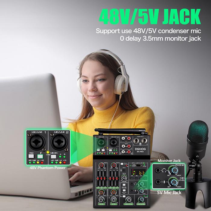 DGNOG R4-PRO mikrofon nirkabel, Mixer Audio 4 saluran, mikrofon USB