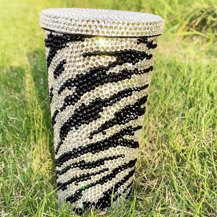 500ml Zebra Stripes Rhinestone Tumbler Cup with Straw Car Coffee Mug