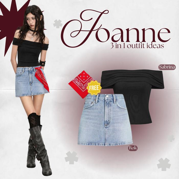Joanne 3in1 One Set Outfit Yearbook Rockstar Korean Style (Sabrina Hitam, Rok Jeans, Scarf Merah) DR