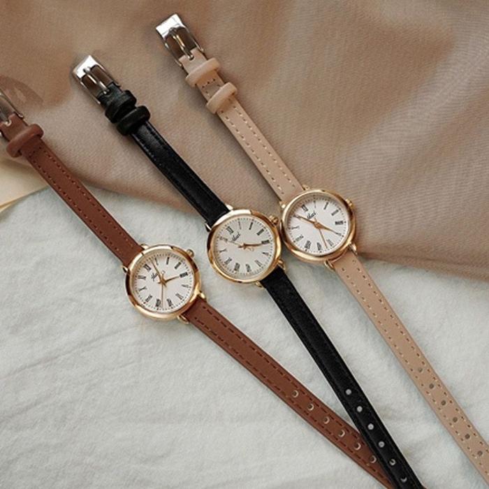 Jam Tangan Wanita Kecil Retro Bulat Strap PU 189 Kulit Model Analog Casual Watch Korean Fashion Hita