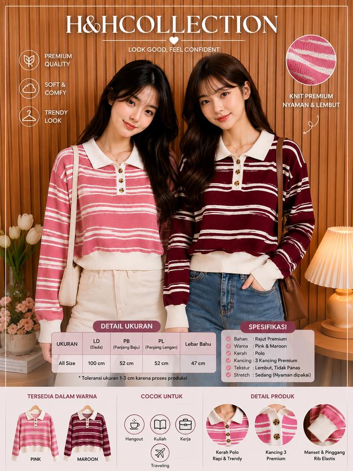 H&H Collection Polo Blouse Rajut Berkerah Motif Garis Lucu Terkini untuk Wanita Atasan Fashionable B
