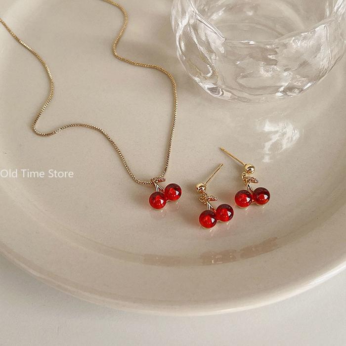 Women Personality Fashion Necklace Wedding Jewelry Birthday Gifts Wine Red Cherry Gold Colour Pendan