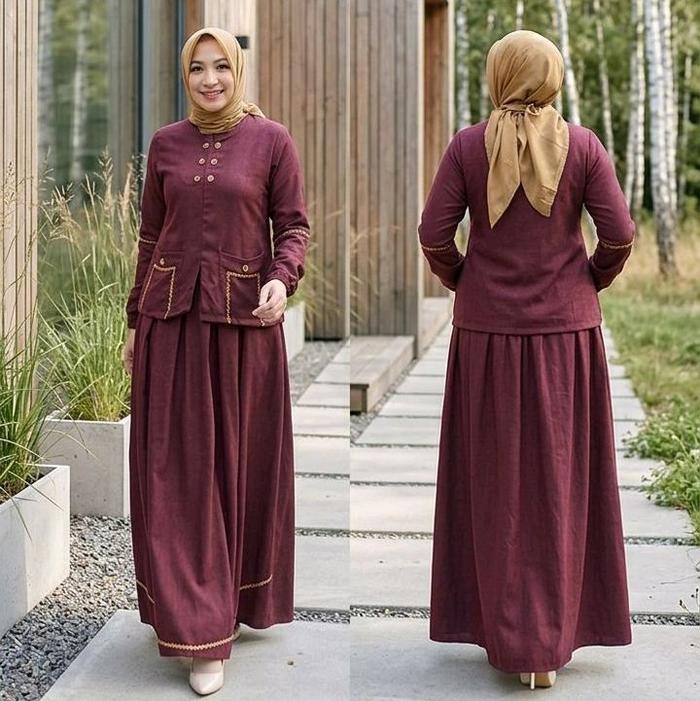 Setrok Deura - Setelan Baju Wanita dengan Rok warna maroon