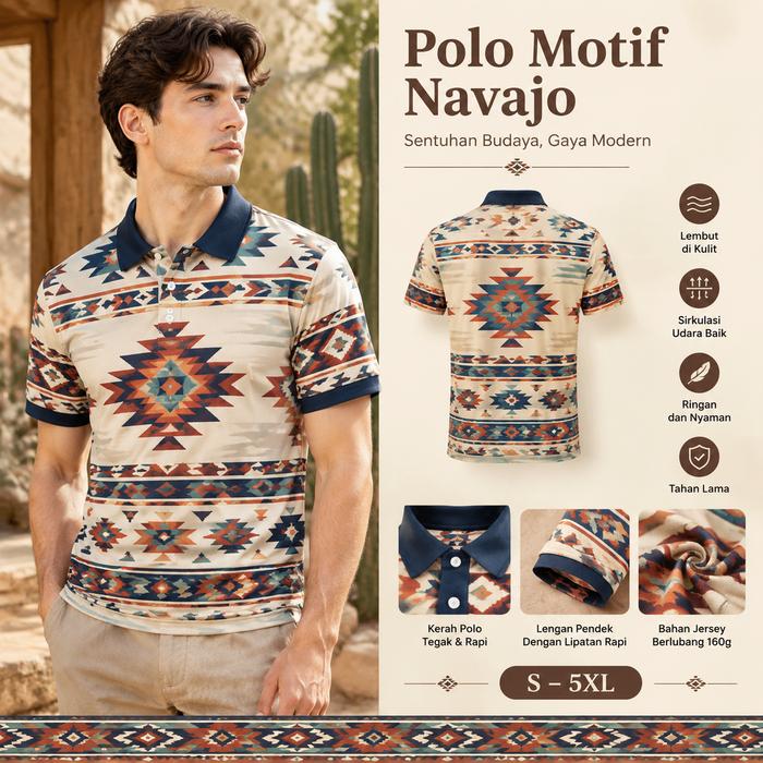 Kaos Polo Pria Motif Navajo Warna Krem Lengan Pendek Kerah Kontras Bahan Jersey
