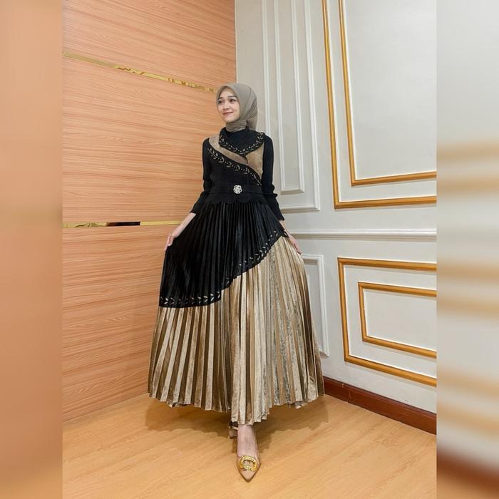 Meeykha gamis bludru plisket wanita hijab muslim Pesta