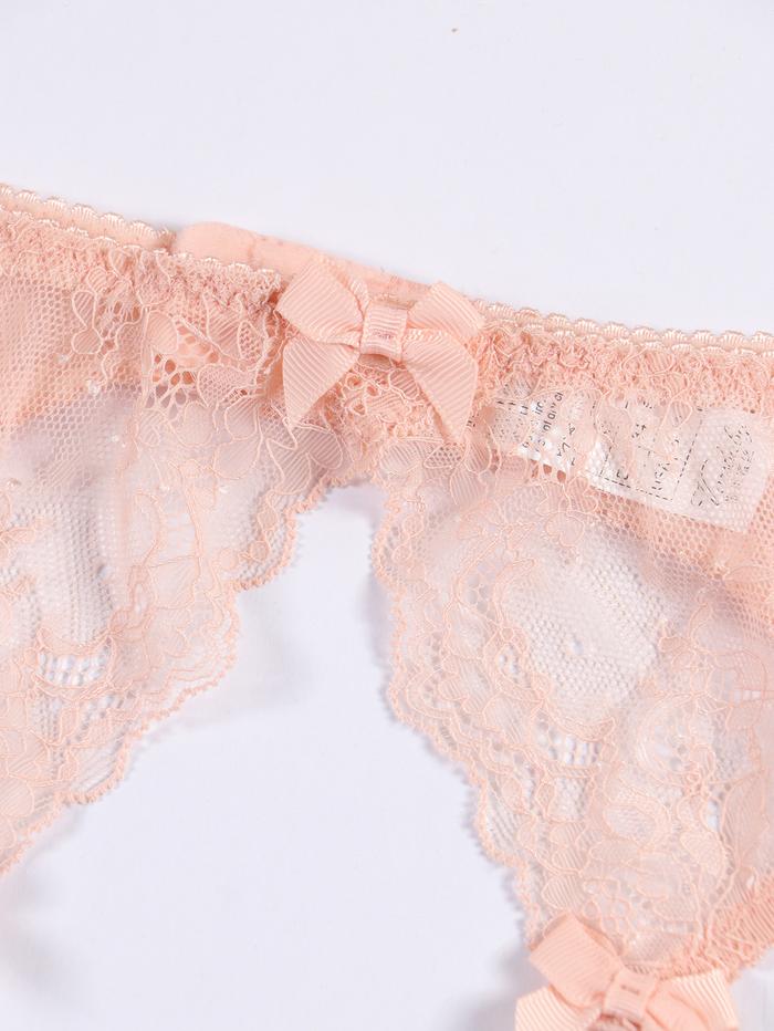 Varsbaby Women Lace Bra Set Unlined Bra Panty Garter Stockings 4Pcs Y See-Through Underwear Pink Lin