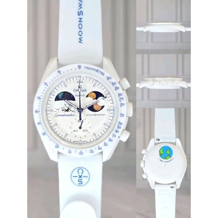 Jam Tangan Chronograph Omg x Swatch MoonSwatch “Mission to Earth” White Edition