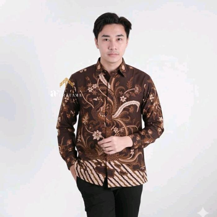 Batik AF Pratama | KEMEJA BATIK PRIA SLIM FIT MOTIF KENARI COKLAT PREMIUM LENGAN PANJANG WARNA COKLA