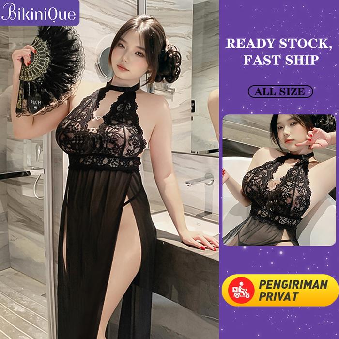 BikiniQue Pakaian dalam seksi renda big size dengan motif hati berlubang - gaun tidur seksi mesh - d