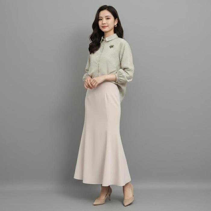 Clara One Set 2In1 (Rok+Blouse) Setelan Rok Wanita Kekinian Set Rok Panjang Blouse Salur Lengan Balo