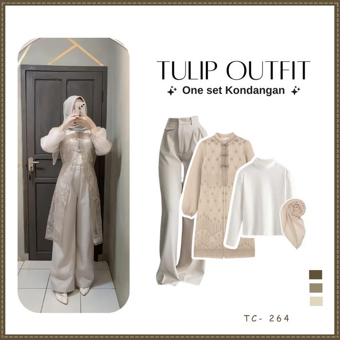 Tulip Outfit Kondangan Wanita Modern TC-264 Outer Brokat Inner Putih Celana Jennie Jilbab Bella Leba