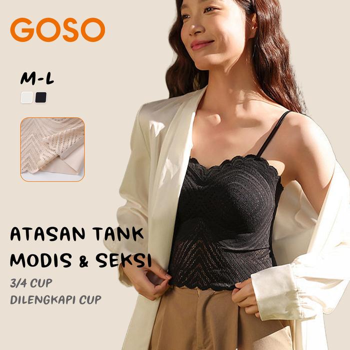 GOSO【New!!!】Bra Tank 2 in 1 Dengan Cup Seksi Berlubang Renda Tali Bahu Tipis Punggung Cantik Bisa Di