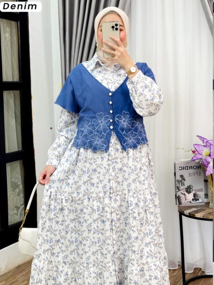 Zamiya.id | Fania Midi Dress | Nabila Midi Dress Bahan Cirngkle Salur+Katun Poplin Fit to XL Besar -