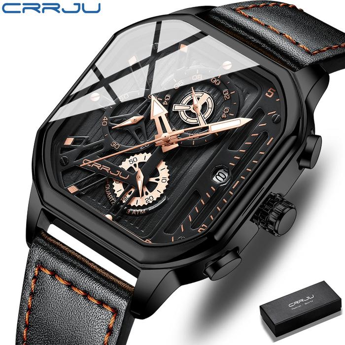 CRRJU Fashion Multifungsi Kronograf Persegi Tahan Air Bercahaya Jam Tangan Pria 2302 Quartz Watches