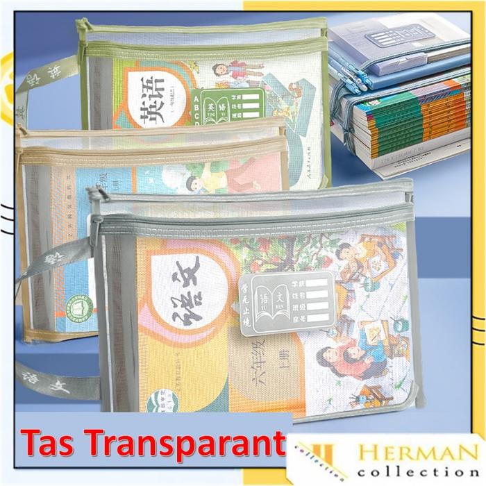 HC Tas Buku dan Alat Tulis Map A4 Dua Slot File Folder Tas Mesh Dokumen Transparant A4 Zipper  2 in 