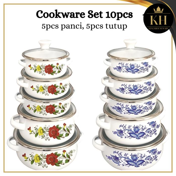 KH-Panci Set Enamel Kembang Susun 10pcs & 6pcs / Panci Susun 3 Enamel Tutup Kaca / Panci Reona