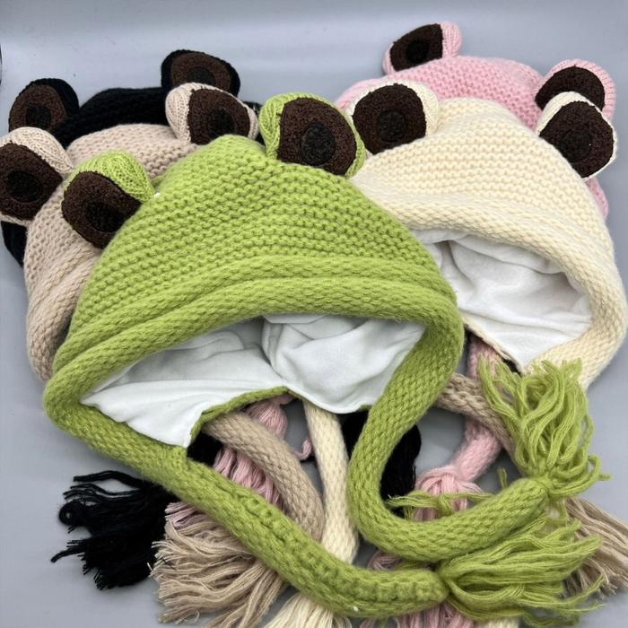 Y2k Knitted Frog Hat Warm Fluffy Winter Ear Protects Hat Cycling