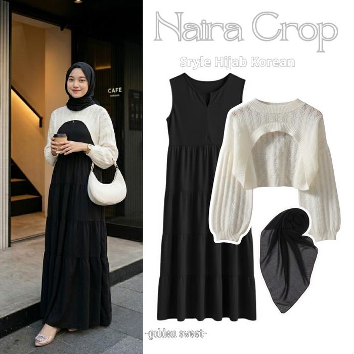 3in1 setelan bolero crop rajut putih dress hitam susun hijab bellasquare hitam oneset wanita korean 