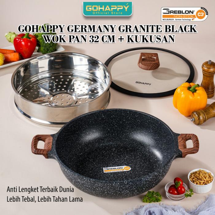 Panci Set Jumbo WOK PAN 32 CM BLACK STEAMER GOHAPPY GERMANY GRANITE GREBLON C3 ANTI LENGKET 3X TEBAL