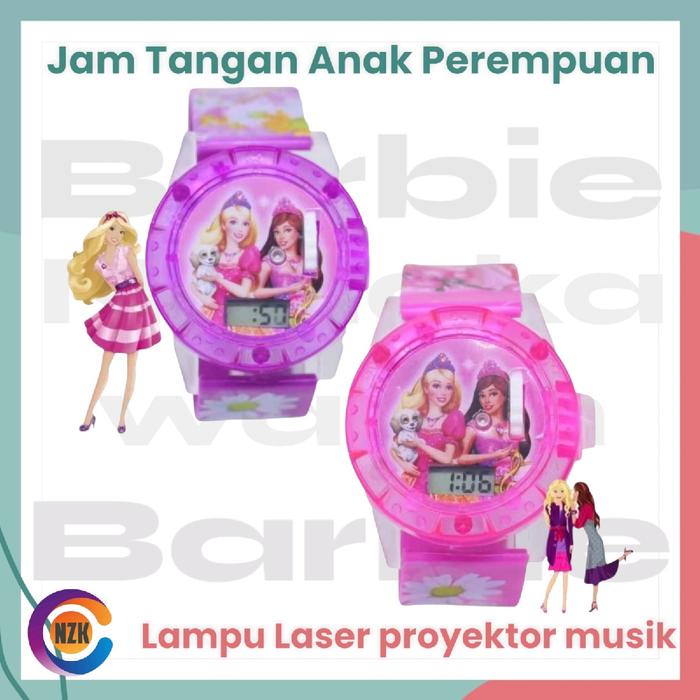 jam tangan Fashion anak perempuan Barbie tali karakter bening musik lampu proyektor led