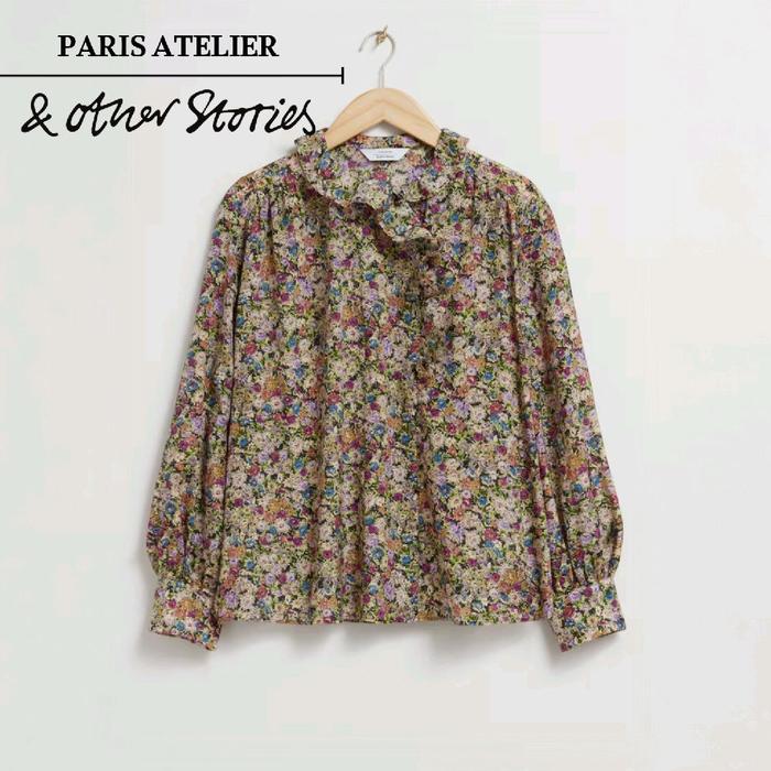 & OTHER STORIES Paris Atelier Floral Printed Oversized Frill Silk Blouse Shirt Long Sleeve