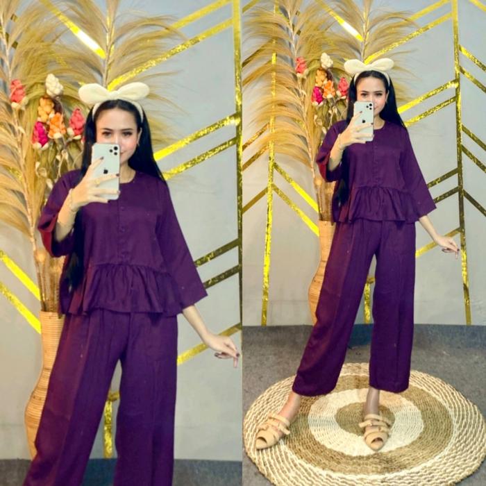 One Set Aghnia Rayon Twill Premium Rempel Busui Setelan Polos Atasan Bawahan Wanita Celana Kulot Pan