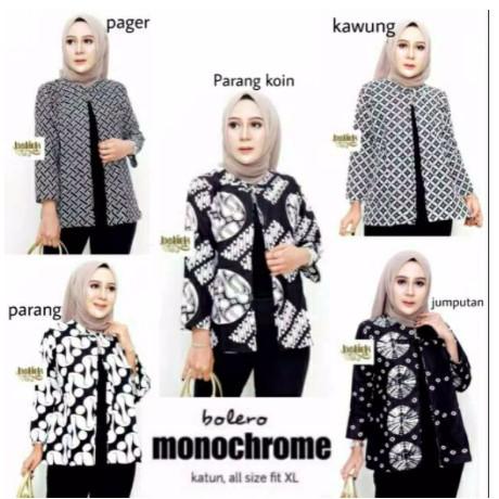 outer Bolero Monochrome Cardigan Cantik Monokrom Outer Batik Hitam Putih Seragam Kantor Kerja Katun