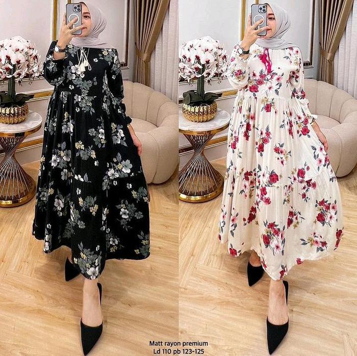 ELLISA DRESS DRESS SUSUN DASTER RAYON Karet Diamond Cantik Wanita Gamis Midi Motif Muslim Katun