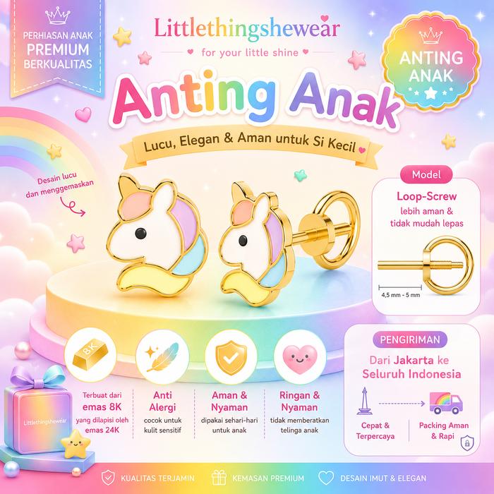 LittleThingSheWear - Anting emas anak Twilight Unicorn - Loop-screw back 8K (ulir)