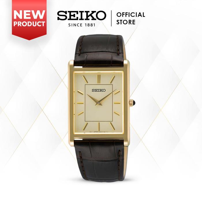 termurah - jam tangan pria seiko classic kotak swr106 swr106p1 gold dial leather strap quartz origin