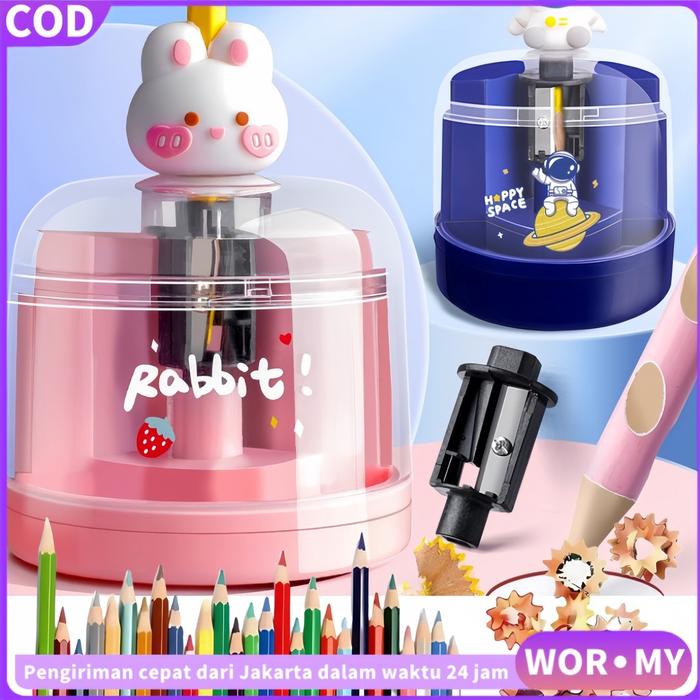 【WOR·MY】Rautan Listrik Pisau Tajam Otomatis Penuh Hub Pemegang Pemotong Sekolah Rautan Pensil