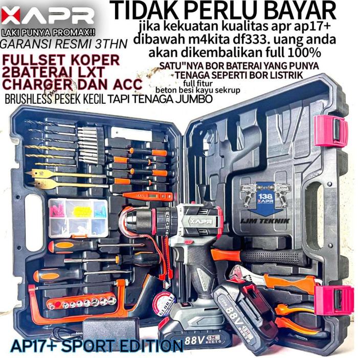 Promo!! Apr Bor Cordless Type Ap17+ 88V 13Mm Gen 4 Brushless Mesin Bor Baterai Drill Impact Keyless