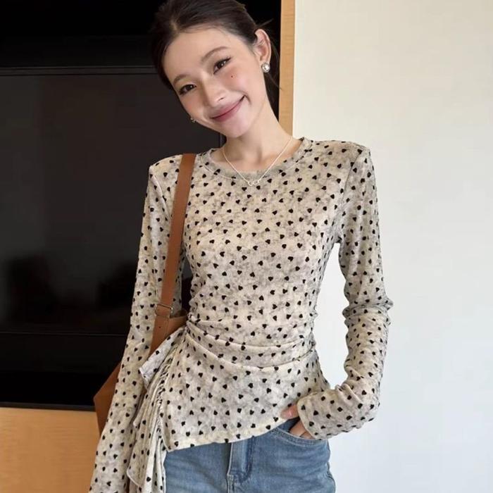 [ COD~]Jelita Cita Cinta Tidak Teratur Dicetak Bahu Depan Lengan Panjang Mesh S-shirt Wanita Musim S