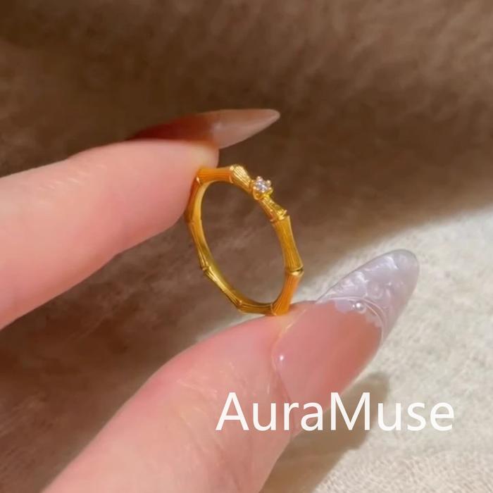 [AuraMuse] Cincin Bambu Emas Zircon Buka Dapat Diatur Simple Elegan Cantik Modis Casual A359