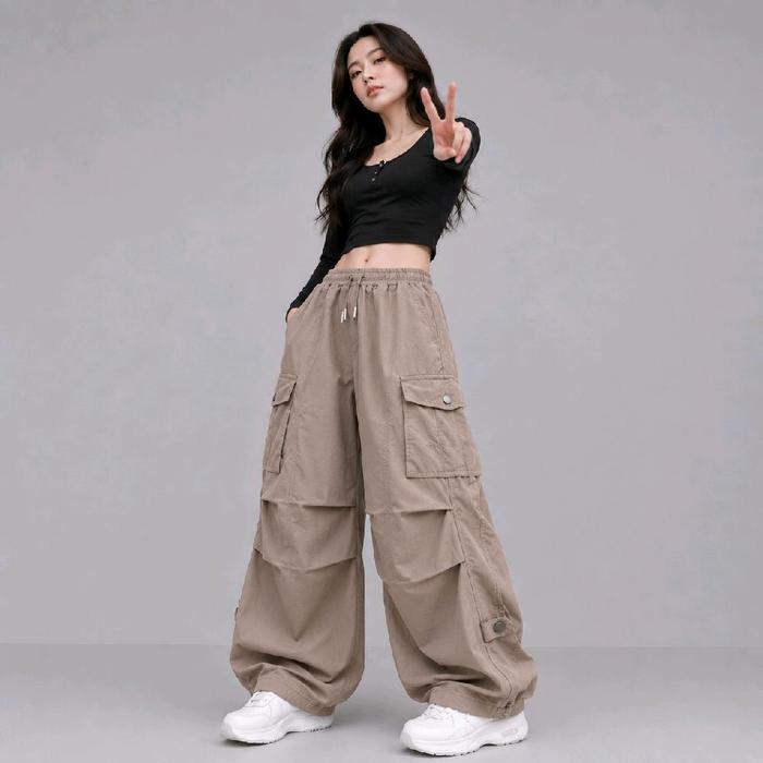 Celana loose Pants Cargo Wanita Highwaist Premium Jumbo Standar | Twill Stretch Premium | Warna Hita