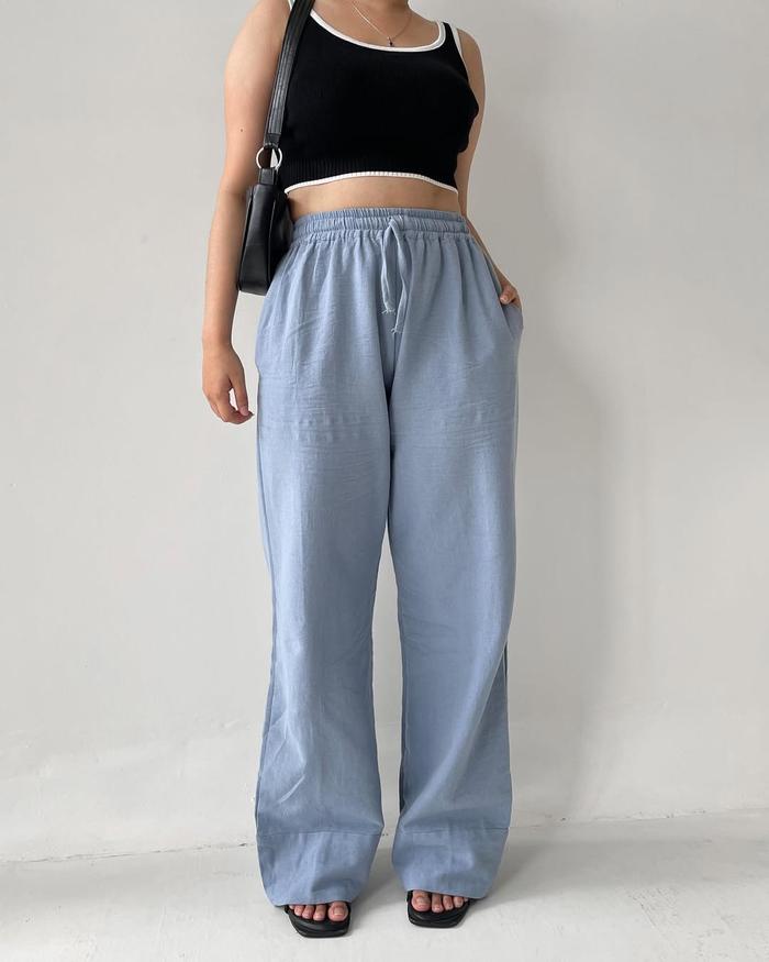 ALOHA Fey Basic Cullotes Linen Highwaist 801 Celana Panjang Wanita Kulot Karet Polos Crinkle Loose d