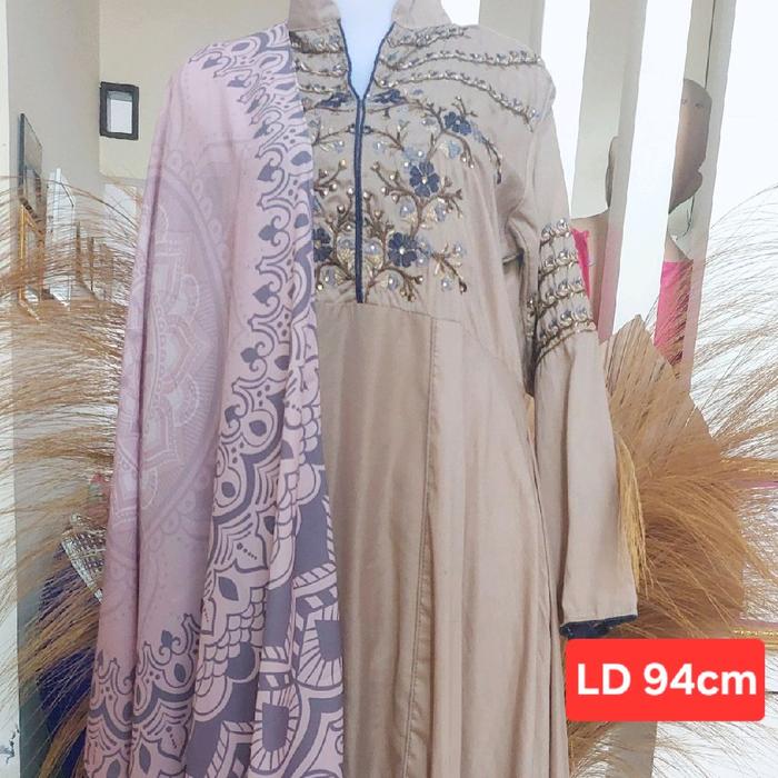 Baju India Asli Anarkali lengan panjang long set selendang warna coklat susu dan bordir renda asli i