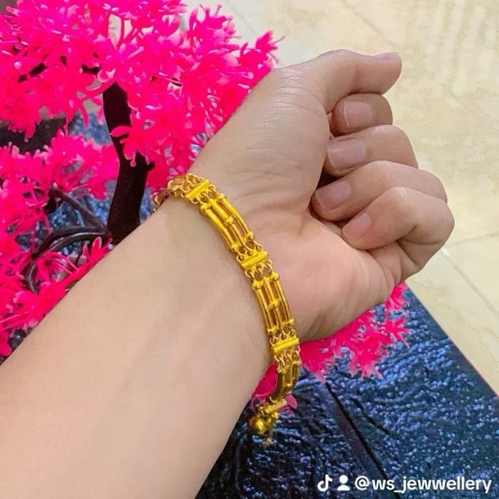 Gelang bambu Tiga baris sepuh emas asli 24 karat balut kristal premium