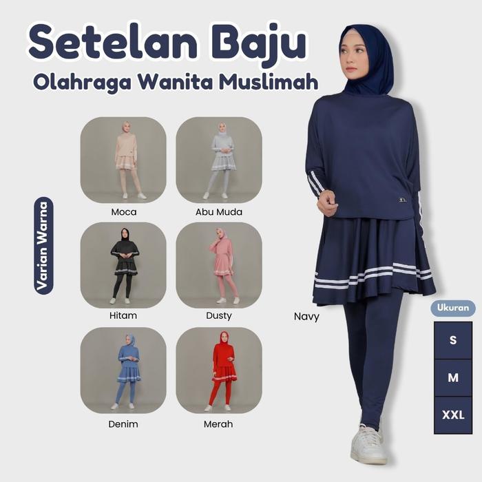 Setelan Baju Olahraga Wanita Muslim Leging Rok Skirt Perempuan Sport Badminton Senam Aerobic