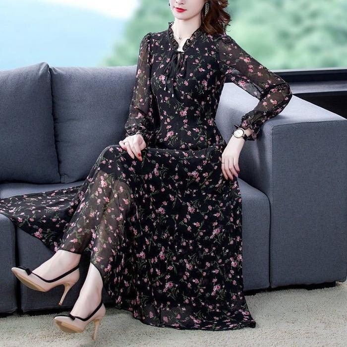 Promo Dres sifon wanita motif bunga dan polkadot gaya musim semi baru