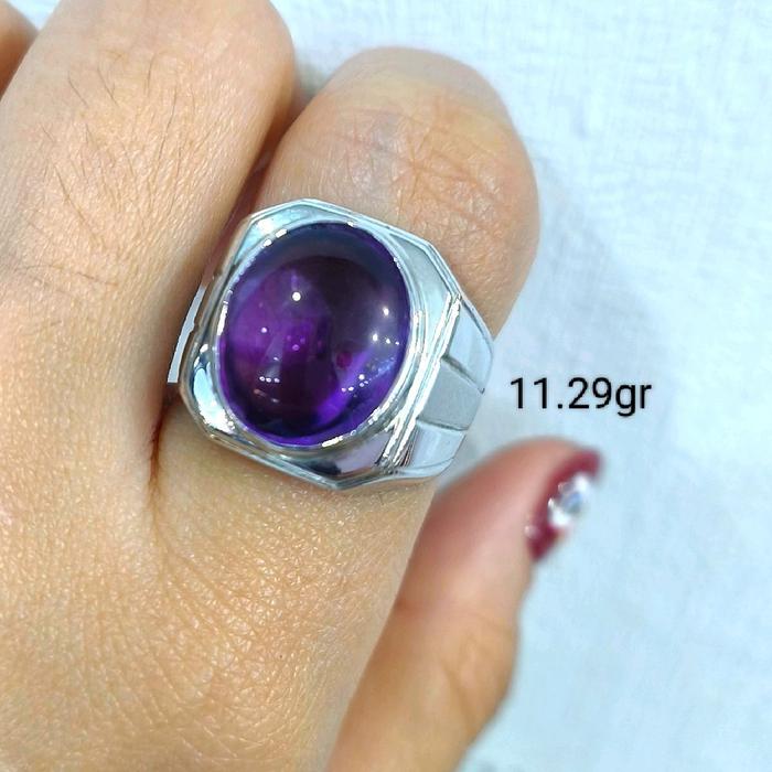 CINCIN EMAS LAKI PUTIH PRIA DIAMOND LOOK BATU KECUBUNG AMETHYST