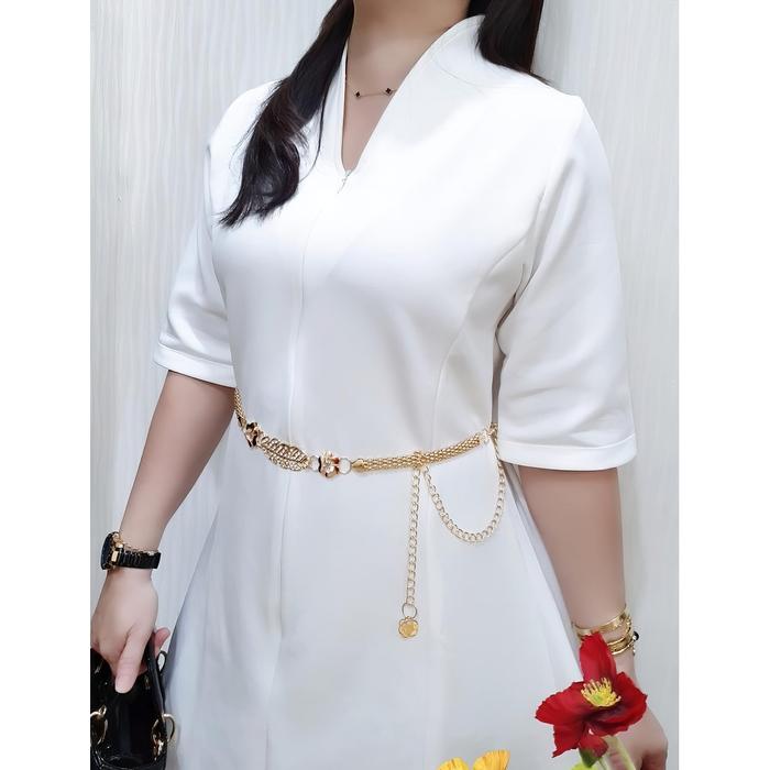 Gaun Putih & Hitam V-Neck Ikat Pinggang Emas - Sempurna Untuk Aa Semi-Formal - Mini Dress - Dress Wa