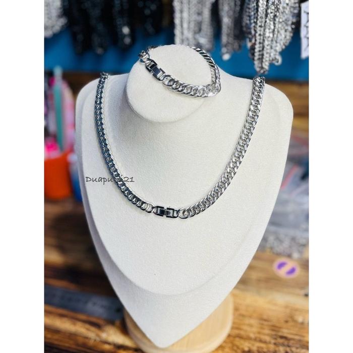 ￼SATU SET KALUNG DAN GELANG RANTAI TITANIUM 7mm JEPIT JAM PRIA DAN WANITA ANTIKARAT DAN ANTI PUDAR